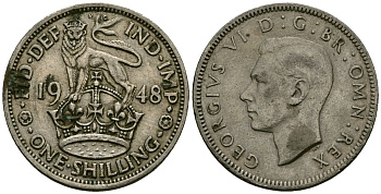 Великобритания 1 шиллинг 1948 Георг VI (1936-1952), Английский герб KM 863, Spink 4103 медно-никель 24-814