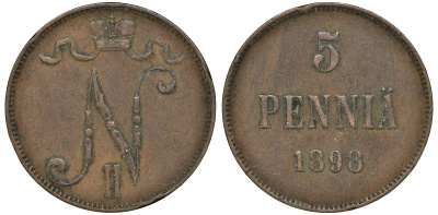 Россия для Финляндии 5 пенни 1898 Николай II (1894-1917) KM 15, Биткин 443 медь 51-941
