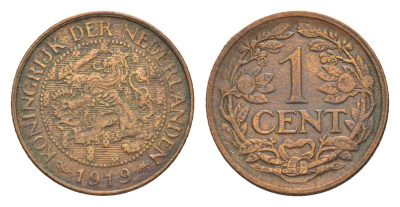 Нидерланды 1 цент 1919 Вильгельмина (1890-1948) KM 152 бронза 75-547