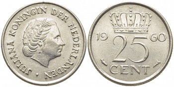 НИДЕРЛАНДЫ 25 ЦЕНТОВ 1960 ЮЛИАНА KM 183 никель 112-314