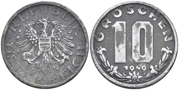 АВСТРИЯ 10 ГРОШЕЙ 1949 KM 2874 цинк 75-1558