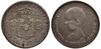 ИСПАНИЯ 50 СЕНТИМО 1892 (92) P.G-M, АЛЬФОНСО XIII КМ 690 серебро 1521-112
