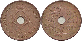 БЕЛЬГИЯ 25 САНТИМОВ 1928 BELGIE, АЛЬБЕРТ I (1909-1934) KM 69 медно-никель 119-347