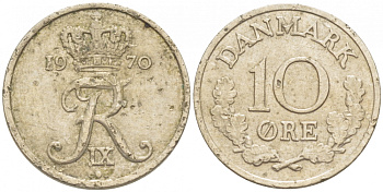 ДАНИЯ 10 ЭРЕ 1970 C; S, ФРЕДЕРИК IX (1947-1972) KM 849.1 медно-никель 3309-156