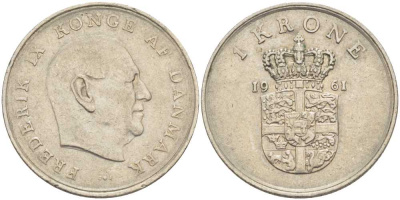 ДАНИЯ 1 КРОНА 1961 C; S, ФРЕДЕРИК IX (1947-1972) KM 851.1 медно-никель 38-522