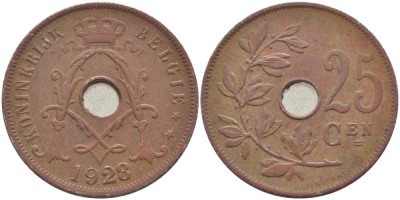 БЕЛЬГИЯ 25 САНТИМОВ 1928 BELGIE, АЛЬБЕРТ I (1909-1934) KM 69 медно-никель 119-347