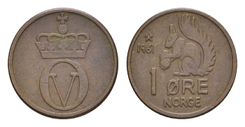 Норвегия 1 эре 1961 Улаф V (1957-1991) KM 403 бронза 4632-1113