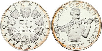 Австрия 50 шиллингов 1967 100 лет Дунайскому вальсу KM 2902 серебро PROOF 1080-8-33