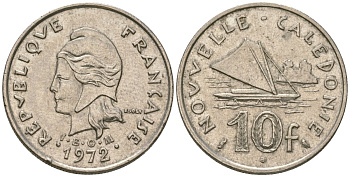 Французская Новая Каледония 10 франков 1972 рыбачья парусная лодка, (IEOM) KM 11, Schoen 13, Lec 88 никель 54-2043