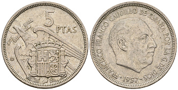 Испания 5 песет 1957 (75) Франциско Франко (1939-1975) KM 786 медно-никель 259-326
