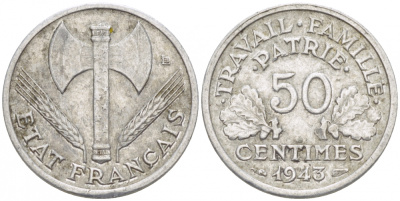 ФРАНЦИЯ 50 САНТИМОВ 1943 ПРАВИТЕЛЬСТВО ВИШИ KM 914.1, LE FRANC 196.1 алюминий 3955-639