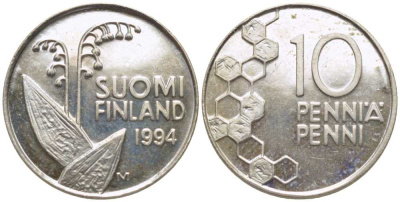 ФИНЛЯНДИЯ 10 ПЕННИ 1994 M, ЛАНДЫШ KM 65 медно-никель UNC 116-631