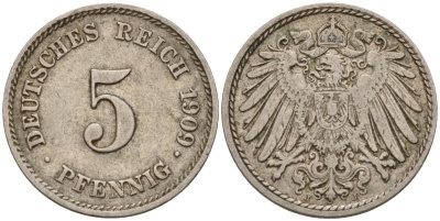 Германия 5 пфеннигов 1909 A KM 11, J. 12 медно-никель 4151-514