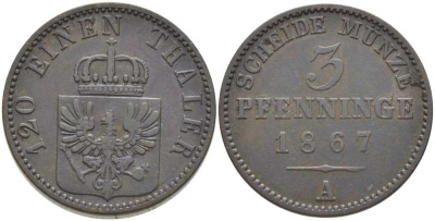 ПРУССИЯ 3 ПФЕННИГА 1867 А, ВИЛЬГЕЛЬМ I (1861-1888) KM 482 медь 117-937