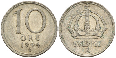 Швеция 10 эре 1944 G, Густав V (1907-1950) KM 813 серебро 4147-844