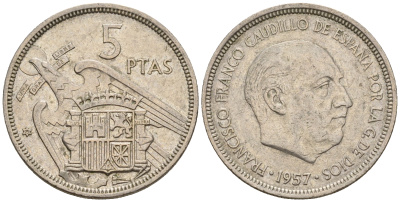 Испания 5 песет 1957 (75) Франциско Франко (1939-1975) KM 786 медно-никель 259-326