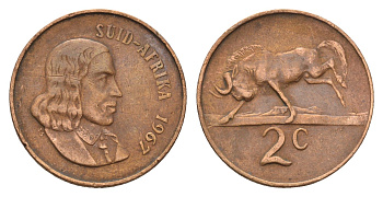 ЮАР 2 цента 1967 Ян ван Рибек (1619-1677), Suid Africa, легенда на африкаанс, антилопа гну KM 66.2 бронза 4122-151