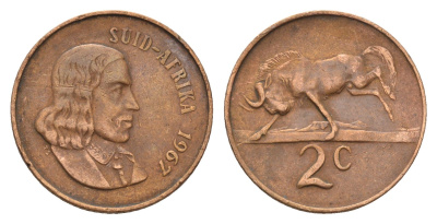 ЮАР 2 цента 1967 Ян ван Рибек (1619-1677), Suid Africa, легенда на африкаанс, антилопа гну KM 66.2 бронза 4122-151