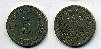 ГЕРМАНИЯ 5 ПФЕННИГОВ 1899 A, KM 11, J. 12 медно-никель 58-511