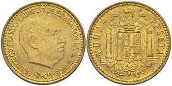 Испания 1 песета 1963 (65) ФРАНЦИСКО ФРАНКО ДИКТАТОР ИСПАНИИ (1939-1975) KM 775 алюминиевая бронза аUNC 220-147