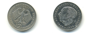 ФРГ 2 марки 1987 D, Теодор Хойс KM 127, J. 407 медно-никель плакированный никелем 83-1912
