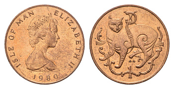 Остров Мэн 1 пенни 1980 Елизавета II (1952-2022) KM 59 бронза UNC 4655-336
