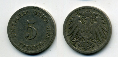 ГЕРМАНИЯ 5 ПФЕННИГОВ 1899 A, KM 11, J. 12 медно-никель 58-511