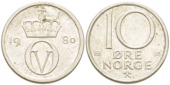НОРВЕГИЯ 10 ЭРЕ 1980 КМ 416 медно-никель 3955-247