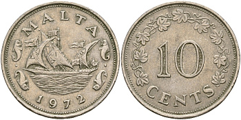 Мальта 10 центов 1972 баржа Великого магистра KM 11 медно-никель 4137-825