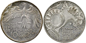 ФРГ 10 МАРОК 1972 G, ОЛИМПИЙСКИЕ ИГРЫ В МЮНХЕНЕ, СТАДИОН, ТИРАЖ 5000000 ЭКЗ., ВЕС 15,5 ГР., ПРОБА 625 KM 133, J. 404 серебро 180-611