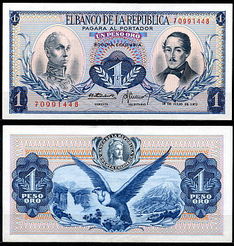 Колумбия 1 песо 1972 Симон Боливар, генерал Франсиско де Паула Сантандер Pick 404e  бумага  UNC (пресс) 444-137-1-2