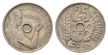 Испания 25 сентимо 1934 KM 751 медно-никель 4657-847