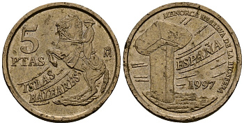 Испания 5 песет 1997 Хуан Карлос I (1975-2014), Балеарские острова, всадник KM 981 алюминиевая бронза 4173-712