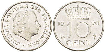 Нидерланды 10 центов 1970 Юлиана (1948-1980) KM 182 никель 214-1248
