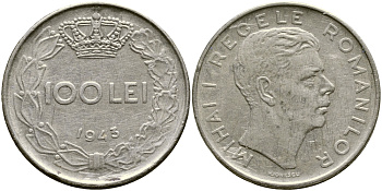 Румыния 100 леев 1943 Михай I (1940-1947) KM 64 сталь плакированная никелем 4388-424