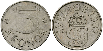 Швеция 5 крон 1987 Карл XVI Густав (1973- ) KM 853 медно-никель 4389-616