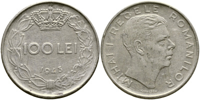 Румыния 100 леев 1943 Михай I (1940-1947) KM 64 сталь плакированная никелем 4388-424