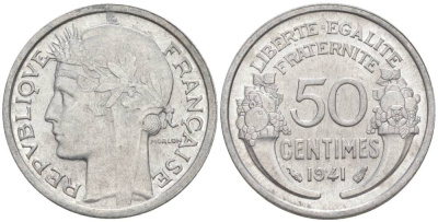 ФРАНЦИЯ 50 САНТИМОВ 1941 ТИП MORLON LOURDE KM 894.1a, LE FRANC 193.2 алюминий 44-269
