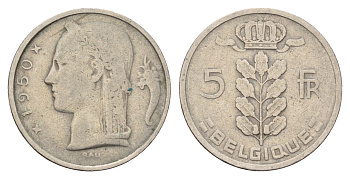 Бельгия 5 франков 1950 Belgique, Леопольд III (1934-1951 KM 134 медно-никель 4619-813