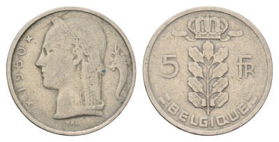 Бельгия 5 франков 1950 Belgique, Леопольд III (1934-1951 KM 134 медно-никель 4619-813