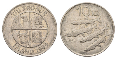 Исландия 10 крон 1984 рыбы KM 29.1 медно-никель 4582-337
