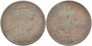 ФРАНЦИЯ 5 САНТИМОВ 1906 ТИП ДАНИЭЛЬ ДЮПЮИ KM 842, LE FRANC 119.16 бронза 77-434