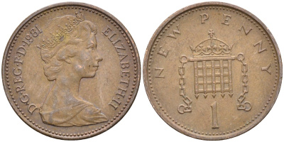 Великобритания 1 пенни 1981 Елизавета II (1952-2022) KM 915, Spink 4237 (B1) бронза 4585-912