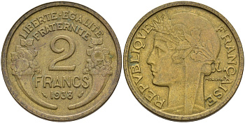 Франция 2 франка 1938 Третья республика (1871-1940) KM 886, Le Franc 219.3 алюминиевая бронза 4144-334