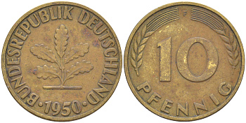 ФРГ 10 пфеннигов 1950 F KM 108, J. 383 сталь плакированная латунью 53-1112