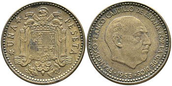 Испания 1 песета 1953 (56) Франциско Франко (1939-1975) KM 775 алюминиевая бронза 110-1132