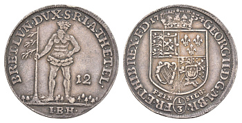 Брауншвейг-Каленберг-Ганновер 12 мариенгрошей (1/3 талера) 1754 IBH, дикарь, Георг II (1727-1760), из коллекции Ричарда Б. Смита Smith 123, Welter 2600, KM 255 серебро 1525-1032