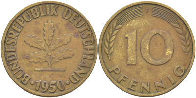 ФРГ 10 пфеннигов 1950 F KM 108, J. 383 сталь плакированная латунью 53-1112