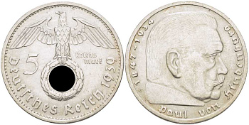 ГЕРМАНИЯ 5 РЕЙХСМАРОК 1939 B, ГИНДЕНБУРГ (1847-1934), СИМВОЛИКА KM 94, J. 367 серебро 1515-1045