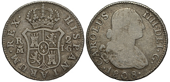 Испания 2 реала 1808 M IG, мондвор (Мадрид), Карлос IIII (1788-1808) KM 430.1 ( C69.1) серебро 650-833